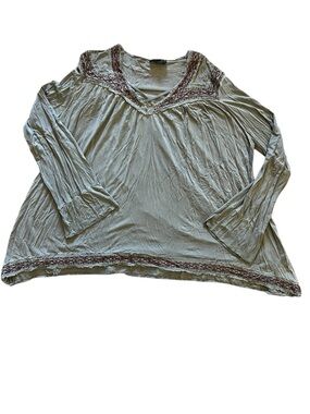 POL Women’s Sage Green Lace Trim Bell Sleeve  Peasant Top | Medium